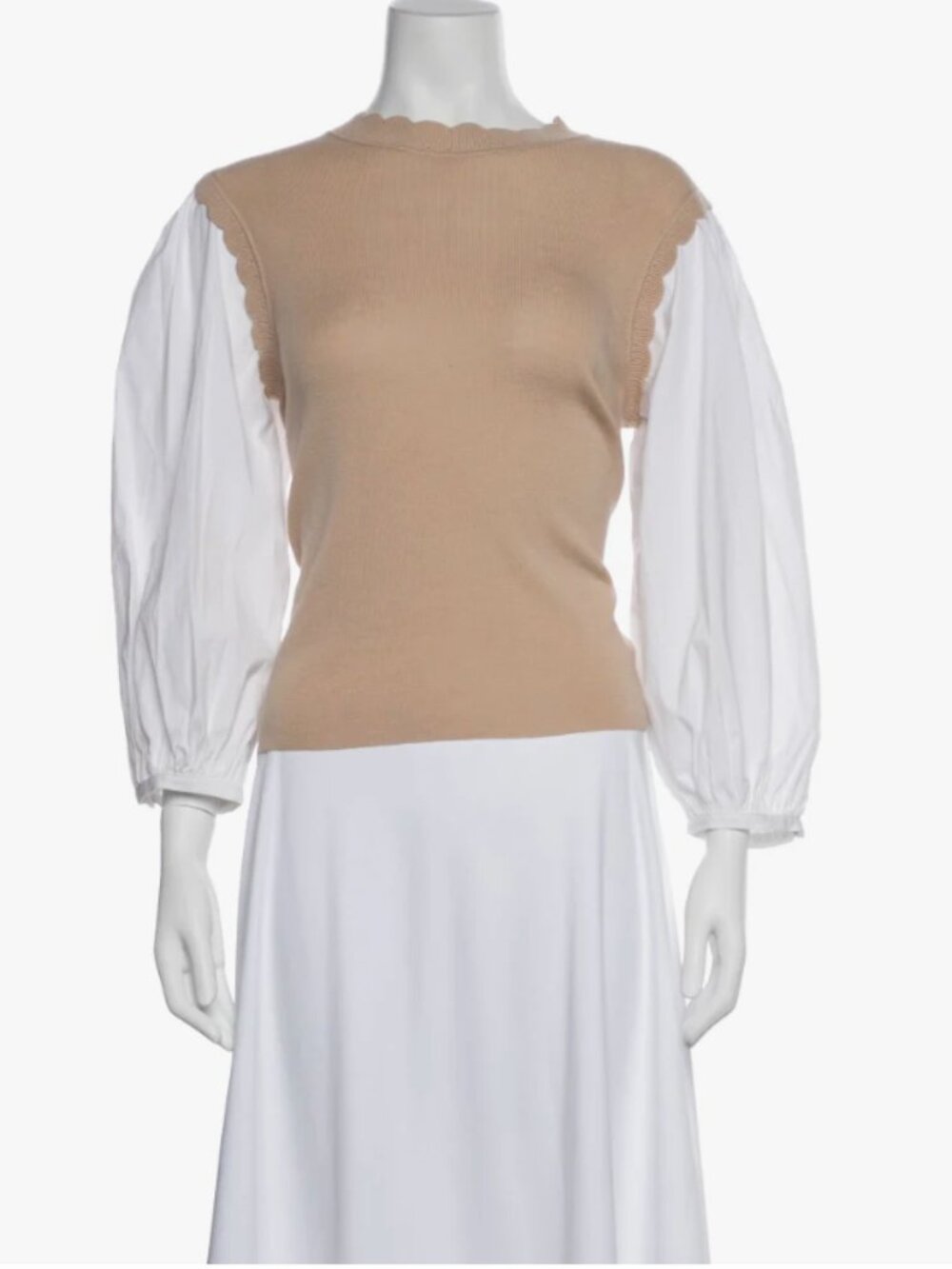 Veronica Beard Tan Knit Sweater with White Puff Sleeves